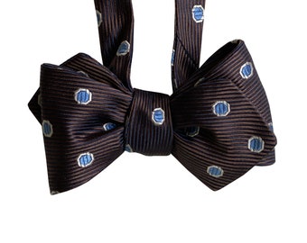 Silk Bow Tie for men - Chocolate - BACHRACH Silk - Blue Dots on Striped Brown Bow Tie - One of a kind - Handcrafted - Self-tie