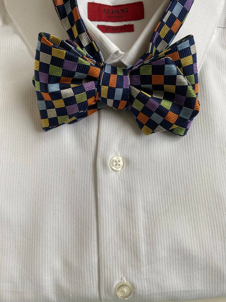 Silk Bow Tie for Men Checkerboard Colorful Geometric Bow Tie One of a