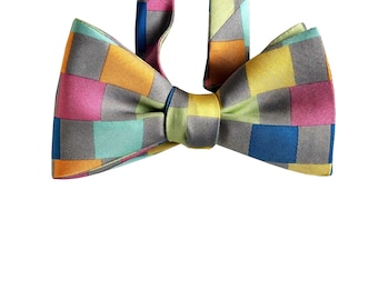 Silk Bow Tie - Warhol Art - Colorful Geometric Bow Tie - One-of-a-kind, Handcraft, self-tie