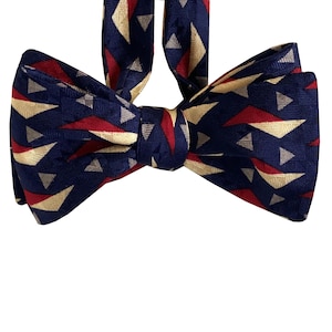 Silk Bow Tie - Geometric Navy Bow Tie - One of a kind - Handcrafted - Self-tie, Free Shipping