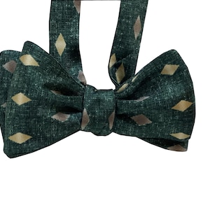 Silk Bow Tie - Evergreen - Geometric on Green Bow Tie - One of a kind - Handcrafted - Self-tie, Free Shipping