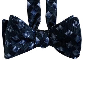 Silk Bow Tie for men - Chess Board - Blue Foulard on Dark Blue Bow Tie - One of a kind - Handcrafted - Self-tie, Free Shipping