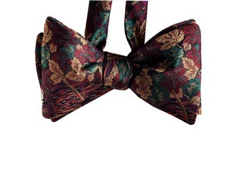 Silk Bow Tie - Autumn Owls - Fall Leaves on Burgundy Bow Tie - One of a kind - Handcrafted - self-tie