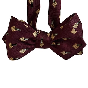 Silk Bow Tie - Geometric Burgundy Bow Tie - One of a kind - Handcrafted - Self-tie, Free Shipping