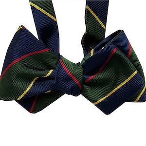 Silk Bow Tie - Midnight - Navy Blue & Green Stripes Bow Tie - One of a kind - Handcrafted - Self-tie - Free Shipping