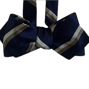 Men&#39;s silk Bow Tie - Stripes on Navy Bow Tie - One of a Kind - Handcrafted - Self-Tie - Free Shipping