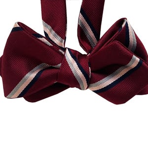 Silk Bow Tie - Colorful Stripes on Burgundy Bow Tie - One of a kind - Handcrafted - Self-tie
