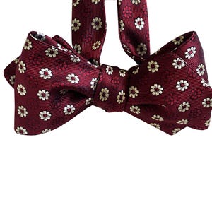 Silk Bow Tie - Daisy - White Flowers on Burgundy Bow Tie - One of a kind - Handcrafted - Self-tie, Free Shipping