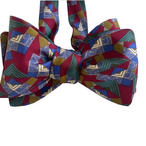 Silk Bow Tie -  Origami - Colorful Geometric on Red Bow Tie - One of a kind - Handcrafted - Self-tie