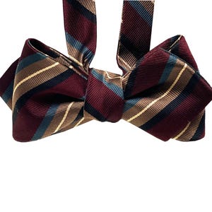 Silk Bow Tie - Colorful Stripes on Burgundy Bow Tie - One of a kind - Handcrafted - Self-tie, Free Shipping