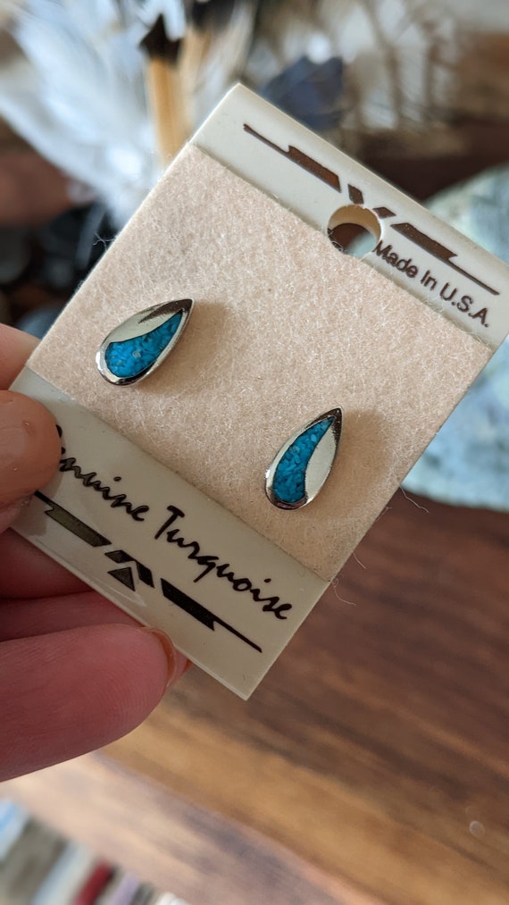 Vintage Navajo Silver Turquoise Stud Earrings - image 2