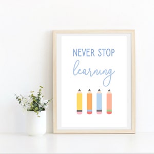 Never Stop Learning Print - School Psychologist Office Decor - School Counselor Office Decor - Teacher Classroom Decor - Instant Download