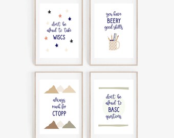 Set of 4 Test Kit Prints Bundle - School Psychologist Print Set - Psychologist Prints - School Psych Office Decor - School Psych Gifts -Puns