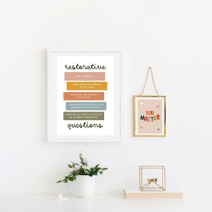 May include: A framed print with the text "restorative questions" in black text. The print has five colorful rectangular boxes with questions in black text. The print is hanging on a white wall next to a framed print with the text "YOU MATTER" in colorful text on a pink background.