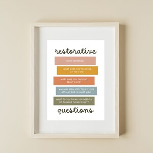 May include: A framed print with the text "restorative questions" in brown lettering. The print features five questions in colorful boxes, each with a different color: peach, yellow, orange, blue, and green.