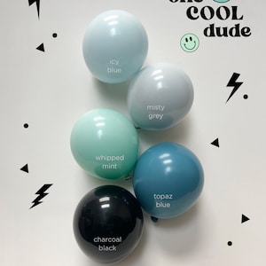 May include: A set of six balloons in various shades of blue, green, and black. The balloons are arranged in a circle on a white background. The text "one COOL dude" is written in black letters on a white background above the balloons. The text "POP FEST CO" is written in black letters on a white background below the balloons.