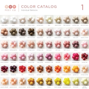 May include: Color catalog for individual balloons, showing 50 different colors in groups of five.  The colors are arranged in rows, with each row representing a different color family.  The color names are listed below each group of balloons.  The text "DISCLAIMER: Not all colors come in ALL (5", 11", 16", 24", etc.) balloon sizes." is at the bottom of the image.