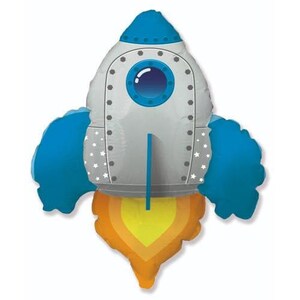 May include: A silver and blue rocket balloon with a round window and a flame coming out of the bottom.