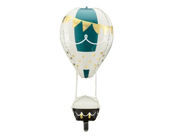 May include: A white and teal hot air balloon with gold stars and a gold banner. The balloon has a black and white basket with gold accents.