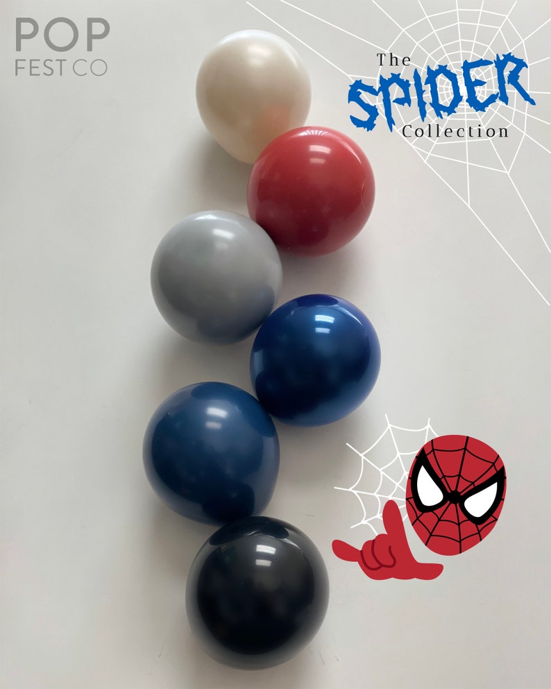 May include: Six different colored balloons with a glossy finish. The balloons are arranged in a semi-circle. The balloons are white, red, gray, blue, dark blue, and black. The text "The Spider Collection" is in the upper right corner of the image.