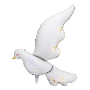 May include: A white dove-shaped balloon with outstretched wings, featuring gold accents and a light purple bow. The balloon has a cute design with closed eyes and a yellow beak. Ideal for celebrations and decorations.