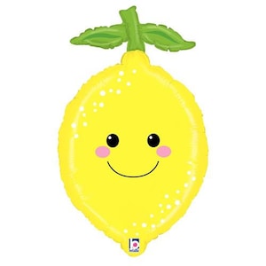 May include: A yellow lemon balloon with a smiling face and white dots. The balloon has green leaves on top.