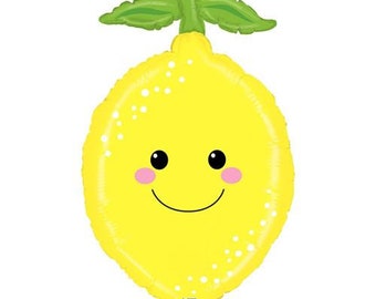 May include: A yellow lemon balloon with a smiling face and white dots. The balloon has green leaves on top.