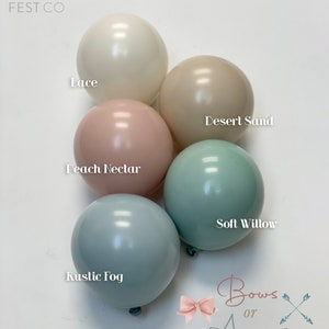 May include: Five latex balloons in various pastel colors, including peach, light blue, green, beige, and white. The balloons are labeled with the following names: Peach Nectar, Rustic Fog, Soft Willow, Desert Sand, and Lace.