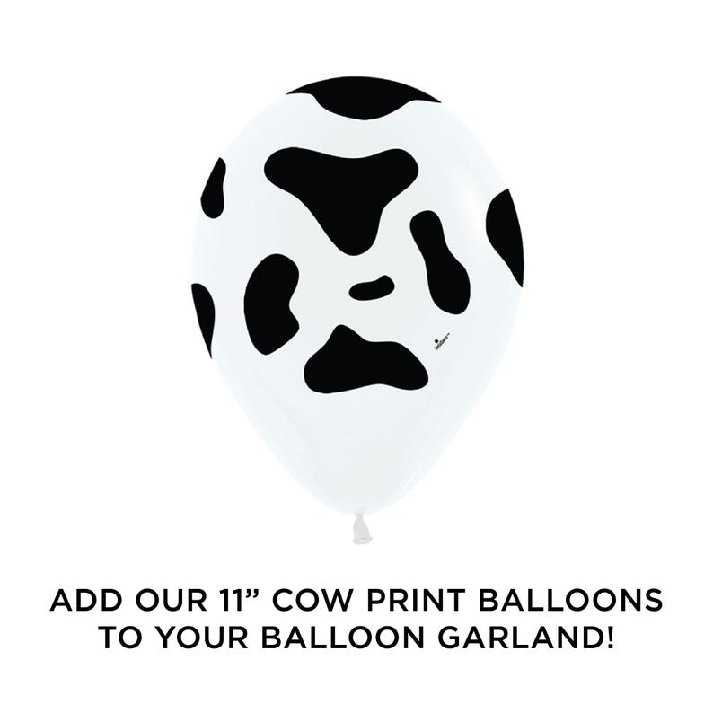May include: White balloon with black cow print design. The balloon is 11 inches in diameter. Add our 11" cow print balloons to your balloon garland!