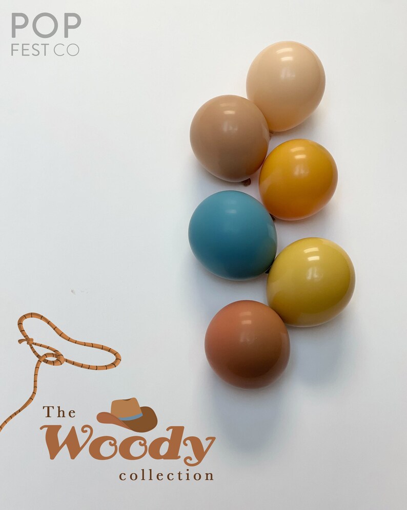 May include: A set of seven balloons in various shades of brown, yellow, and blue. The balloons are arranged in a semi-circle on a white background. The text "POP FEST CO" and "The Woody collection" is visible in the image.
