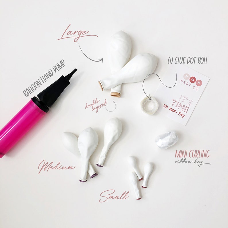 May include: A white balloon garland kit with a hand pump, glue dots, curling ribbon, and balloons in three sizes: large, medium, and small. The balloons are white and the kit includes instructions for creating a balloon garland.