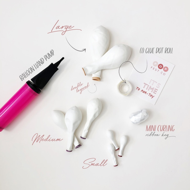 May include: A white balloon garland kit with a hand pump, glue dots, curling ribbon, and balloons in three sizes: large, medium, and small. The balloons are white and the kit includes instructions for creating a balloon garland.