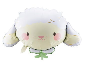 May include: A white and yellow lamb shaped foil balloon with a green stem. The balloon has a cute cartoon face with pink cheeks and black eyes.