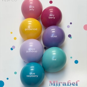 May include: A collection of colorful balloons with names like "pink jelly", "very berry", "goldenrod", "violet", "grape gumdrop", "teal", and "blue raspberry". The balloons are arranged in a circle with the text "Mirabel collection" at the bottom.