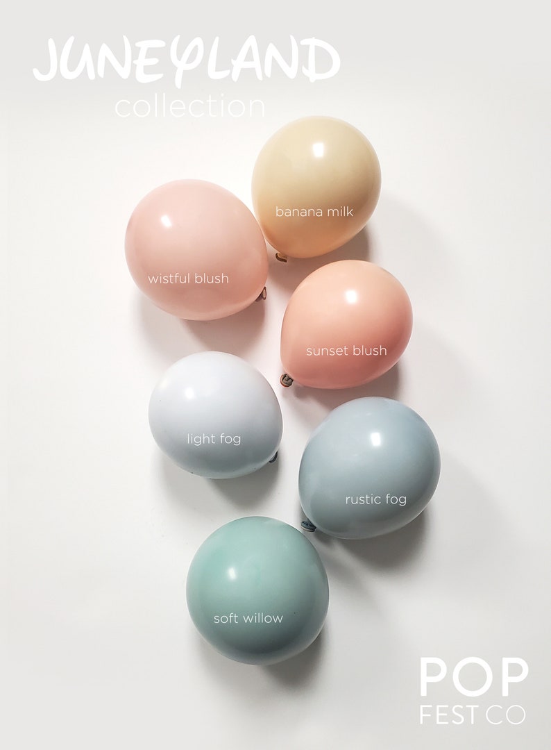 May include: Six pastel colored balloons with names: banana milk, wistful blush, sunset blush, light fog, rustic fog, and soft willow.  The balloons are arranged in a circle on a white background.  The text "JUNEYLAND collection" is at the top of the image.  The text "POP FEST CO" is at the bottom of the image.
