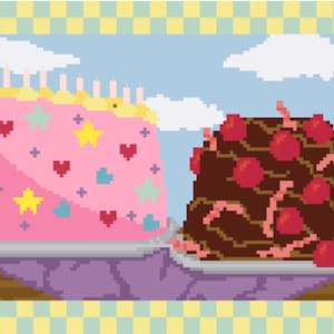 Puede incluir: Imagen pixelada de dos pasteles. Uno es rosa con estrellas, corazones y velas. El otro es de chocolate con cerezas y glaseado rosa. El fondo es un cielo azul con nubes.