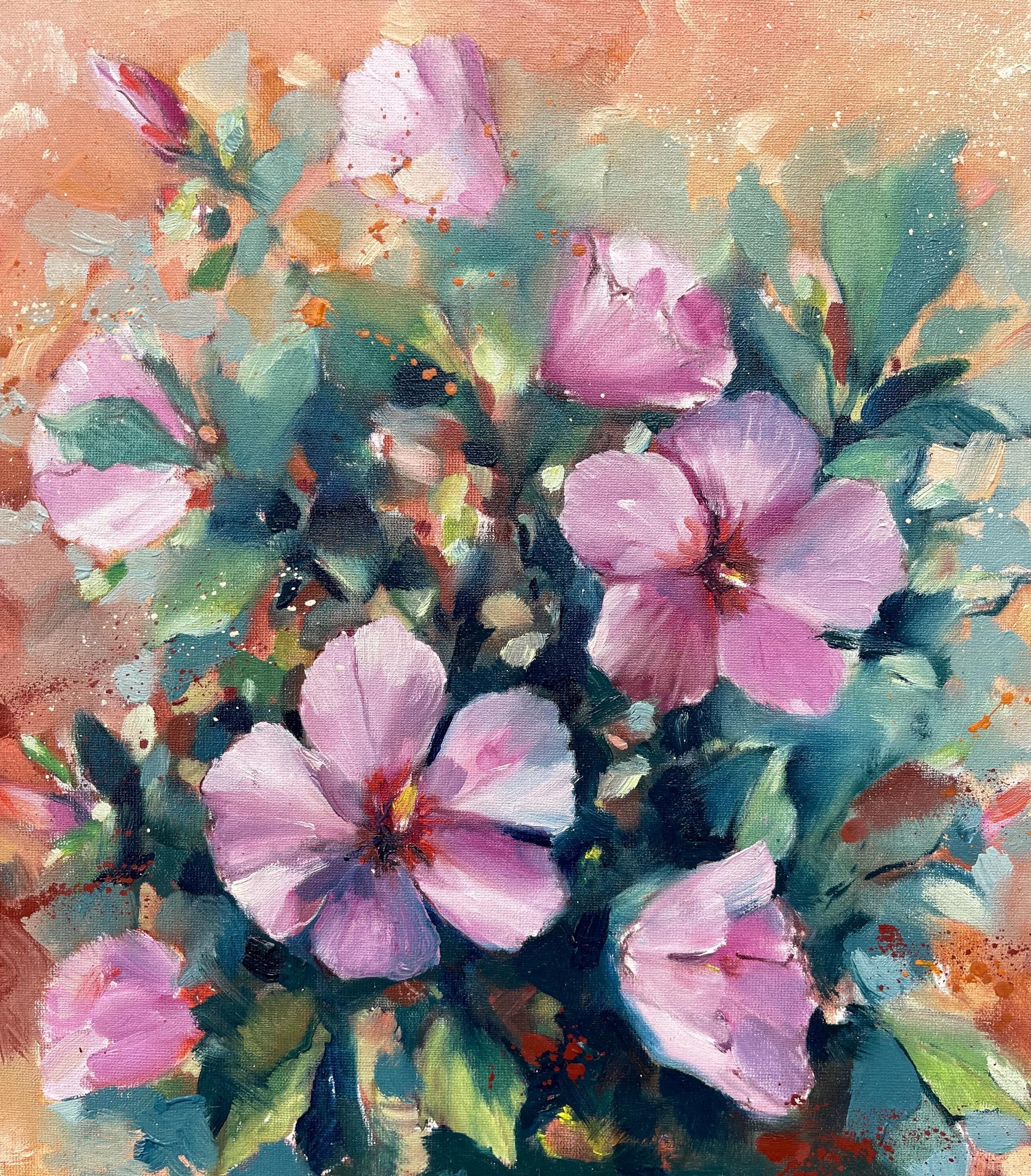 ハイビスカスの油絵 キャンバスに描かれたオリジナル 16インチ×16