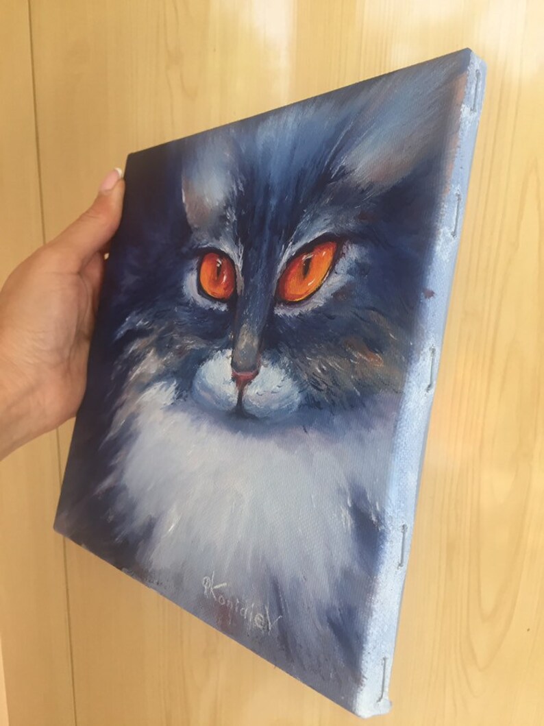Blue cat small oil painting,oil painting original,pet oil portrait 8\u201d8\u201d,pet wall art,home decor,cat lover gift