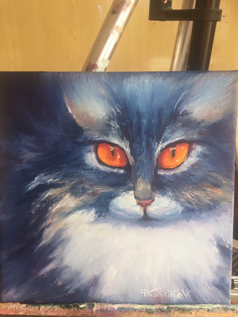 Blue cat small oil painting,oil painting original,pet oil portrait 8\u201d8\u201d,pet wall art,home decor,cat lover gift