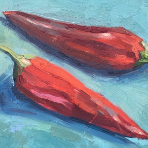 Food still life on canvas.Food original oil painting.Vegetable small oil painting.Pepper still life.Kitchen wall decor.Gift idea.