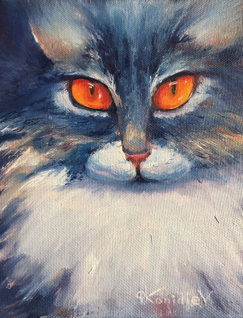 Blue cat small oil painting,oil painting original,pet oil portrait 8\u201d8\u201d,pet wall art,home decor,cat lover gift