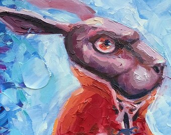 Pintura al óleo de un conejito de hadas sobre lienzo, arte animal original (35,5 x 50,8 cm)