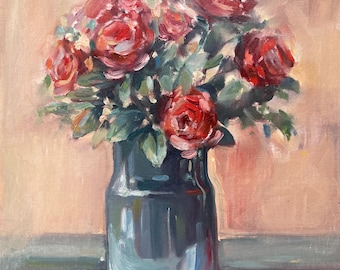 赤いバラの油絵、花瓶の中のオリジナルの花の絵画、クラシックな壁