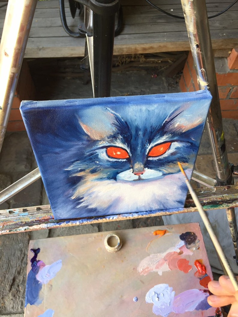 Blue cat small oil painting,oil painting original,pet oil portrait 8\u201d8\u201d,pet wall art,home decor,cat lover gift