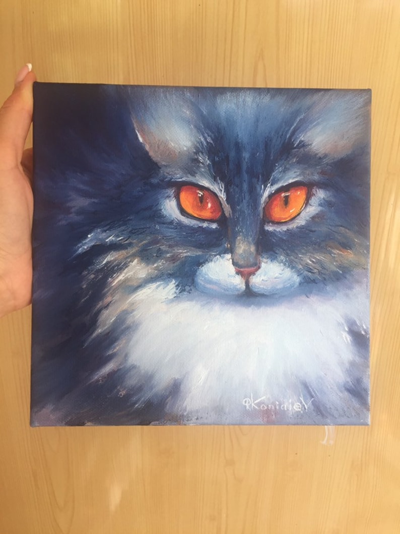 Blue cat small oil painting,oil painting original,pet oil portrait 8\u201d8\u201d,pet wall art,home decor,cat lover gift