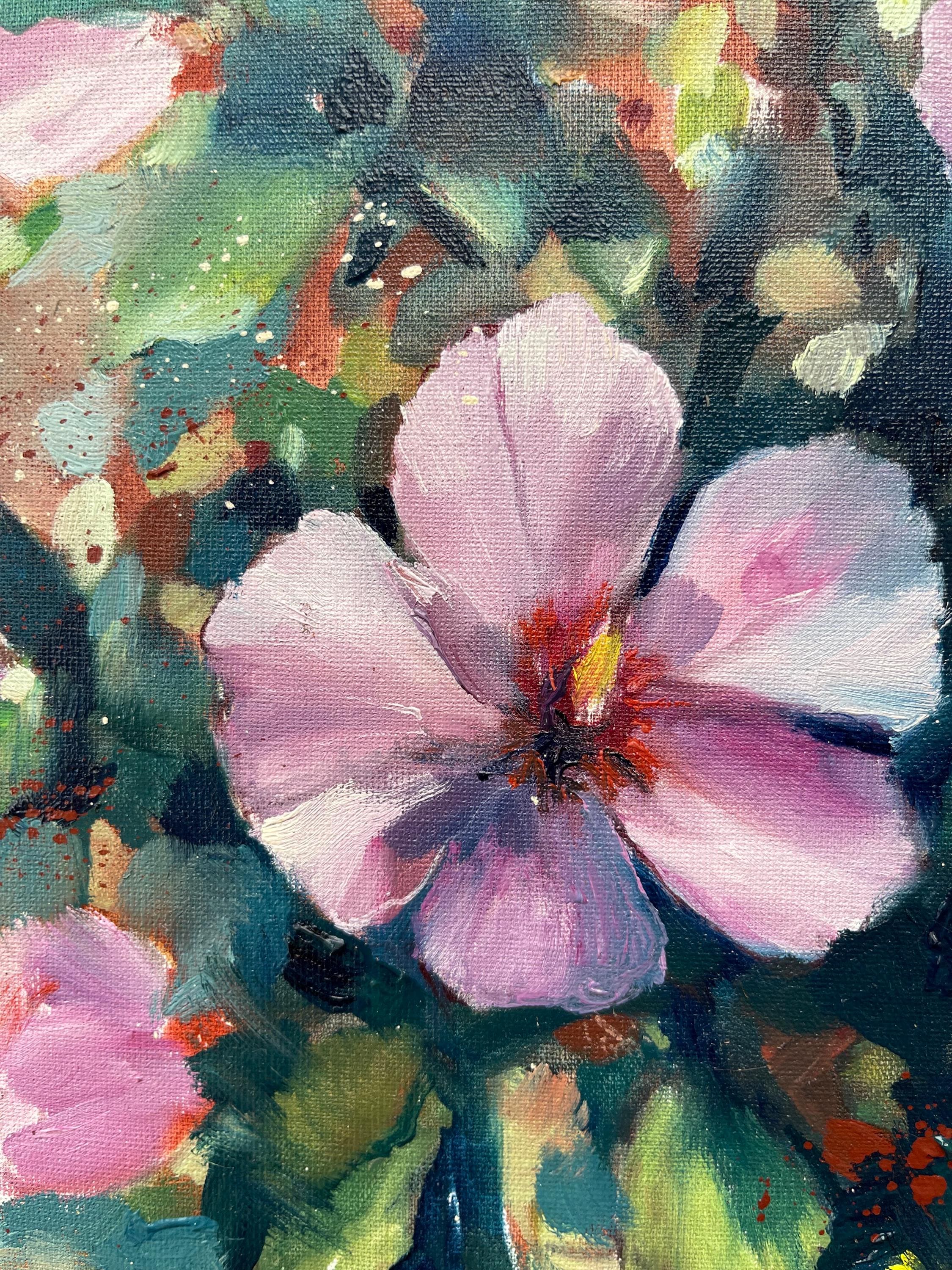 ハイビスカスの油絵 キャンバスに描かれたオリジナル 16インチ×16