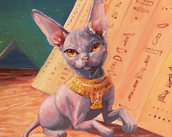 Sphynx Cat Oil Painting, Egyptian Pyramid Pet Portrait Art, 16x16