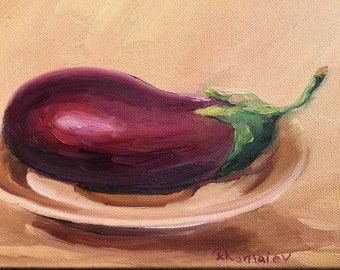 Eggplant Still Life Painting, Original Small Oil on Canvas