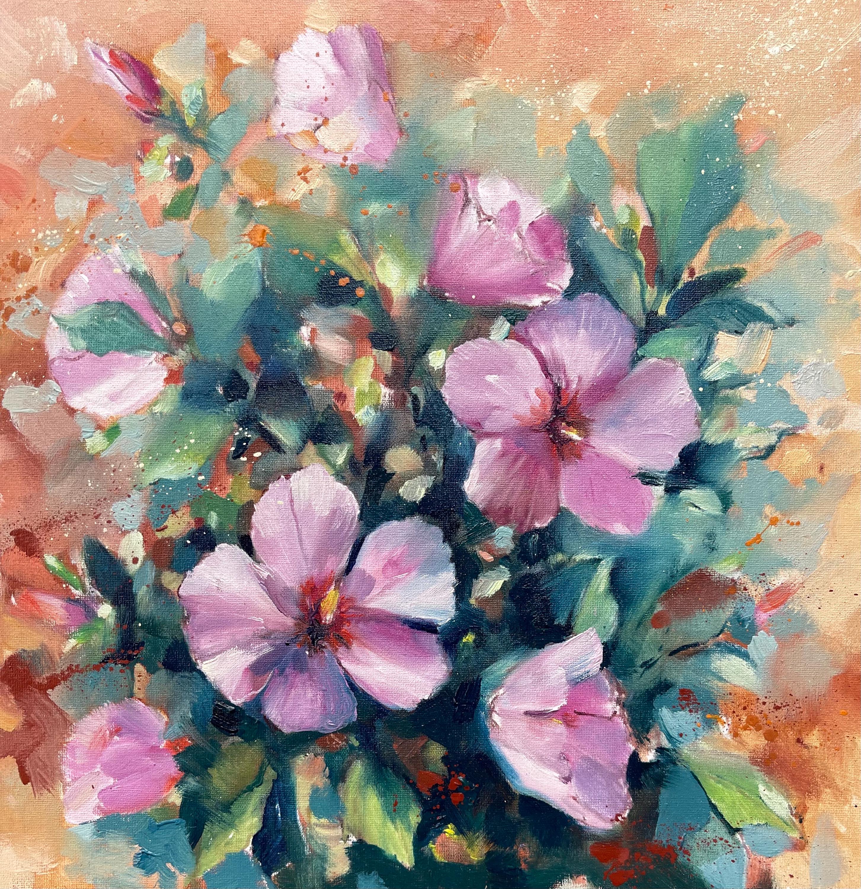 ハイビスカスの油絵 キャンバスに描かれたオリジナル 16インチ×16