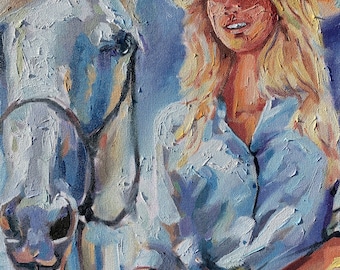 Original Cowgirl Ölgemälde auf Leinwand, Pferd Kunst, handgemachte Wohnkultur